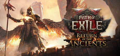 『Path of Exile 2』のSteamヘッダー画像。黄金の鎧と翼を持つ人物が槍を掲げ、「RETURN OF THE ANCIENTS」のロゴが重なる