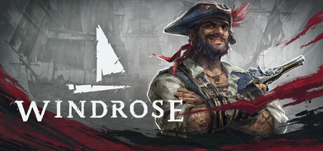 『Windrose』のSteamヘッダー画像。三角帽子に赤いバンダナを巻いた髭の海賊が銃を手に腕を組み、白い「WINDROSE」ロゴが配置されている
